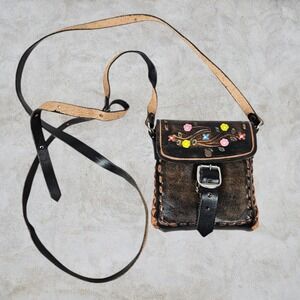 Vintage Hand Tooled Leather Floral Crossbody Bag Boho Whipstitch Small Festival